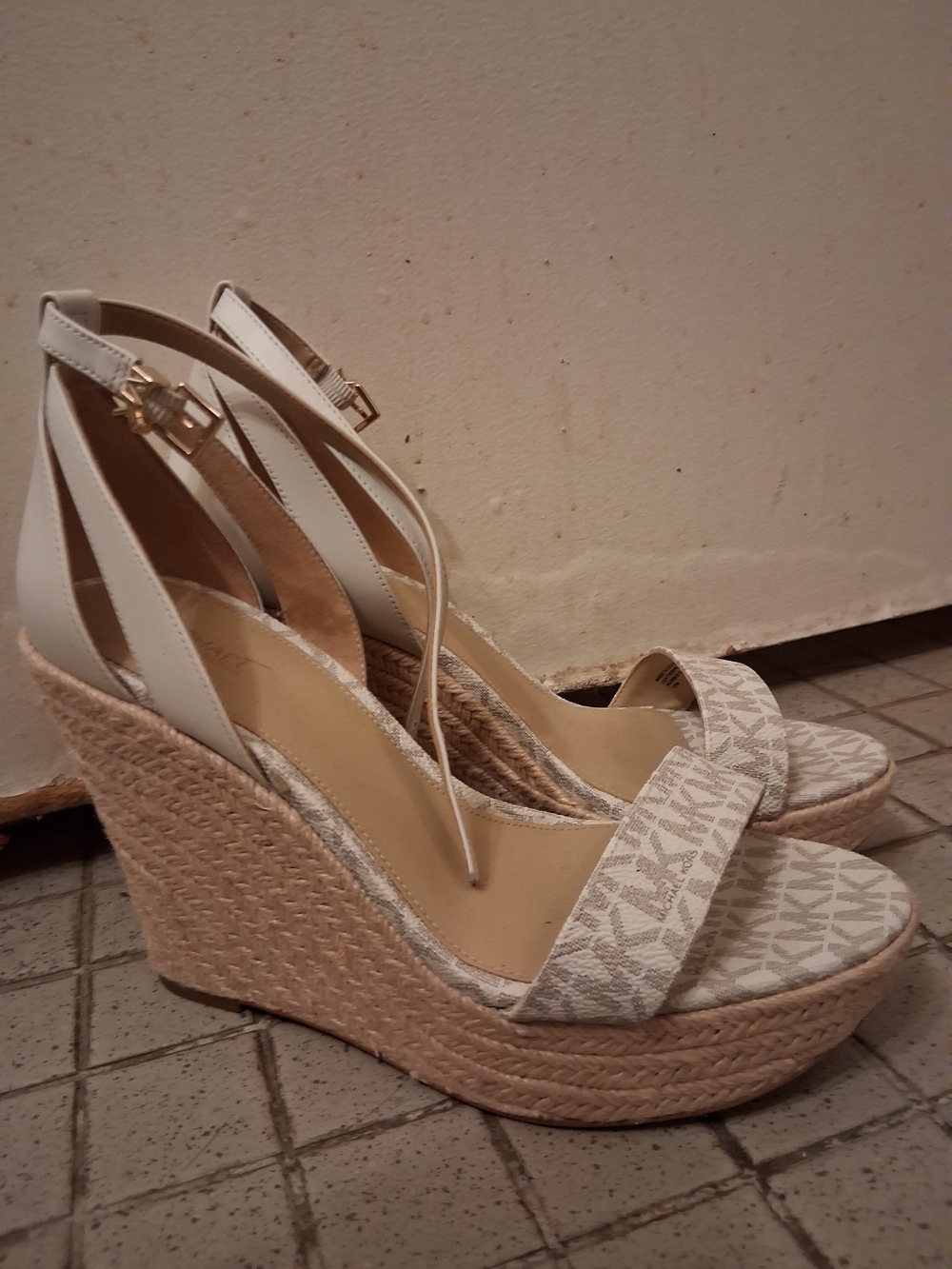 Michael Kors White Logo Espadrille Wedge Sandals with Ankle Strap Size 10